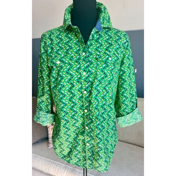 Talbots Tops - Talbots Womens Top Shirt Size 6 Green Horse Print Roll Tab Sleeve EUC